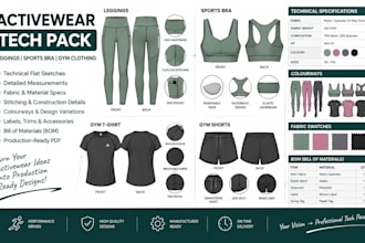 create activewear tech pack for leggings, sports bra and gym clothing