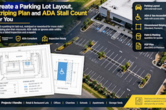 create a parking lot layout, striping plan and ada stall count for you