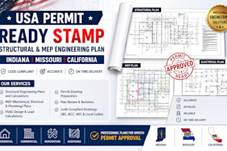 usa permit ready stamp, structural and mep engineering plan indiana missouri ca