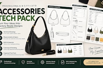 create accessories tech pack, bag tech pack and fashion accessory tech pack