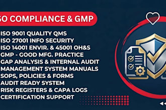 provide iso 9001 27001 14001 45001 gmp documentation, audit, and certification