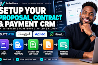 setup proposal contract, payment processing CRM in suitedash, honeybook, agiled