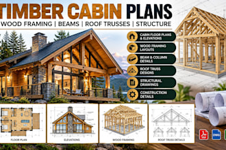 design timber cabin plans, wood framing, beams, roof trusses and structure