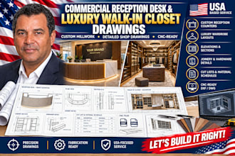 draft commercial reception desk and luxury walk in closet wardrobe drawings