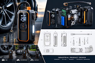 design a portable tire inflator and air compressor in 3d cad