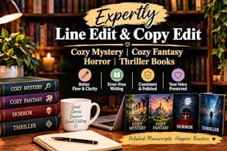 expertly line edit cozy mystery copy edit cozy fantacy horror thriller books