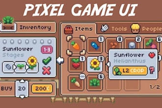 create  pixel art game UI, hud, inventory assets, and icons for your game
