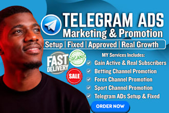 setup telegram ads, fix error sport promotion, forex promotion, bet game channel