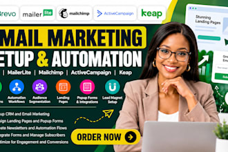 setup mailerlite, brevo, mail chimp, active campaign email marketing automation
