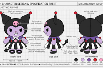 design custom plushie reference sheet stuffed animal toy turnaround tech pack