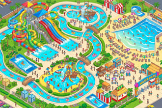 design illustrated 2d 3d theme park maps, zoo layout guides, water park graphics