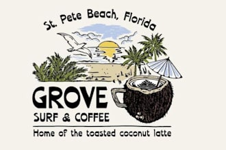 create a hand drawn vintage beach logo with sunset and surf vibes