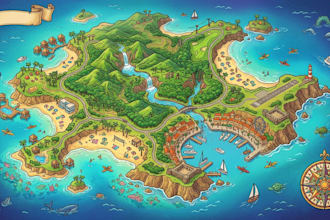 illustrate island map, coastal tourist map and beach destination guide