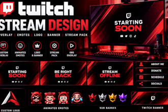 design animated twitch overlay, emotes, logo, banner stream pack, obs overlay