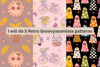 design 5 seamless pattern for retro groovy quirky patterns