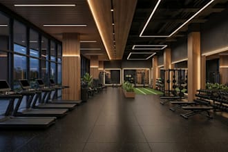 design 3d gym interior, fitness center, floor plan, sport facility 3d rendering