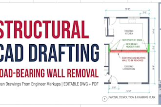 draft loadbearing wall removal drawing in autocad from engineer markup