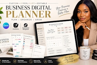 design hyperlinked business digital planner, canva marketing calendar goodnotes