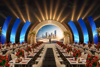 luxury 3d gala stage render, backdrop design,corperate event decor,banquet setup