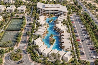 cgi villa resort,waterfront community,tropical oasis,urban landscape,parking lot