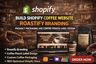 build shopify coffee website, roastify branding product packaging, coffee label