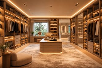 design interior walk in closet wardrobe with dressing room and 3d rendering
