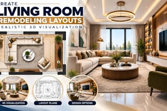 create living room remodeling layouts, realistic 3d visualisation