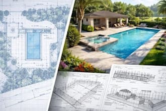 design swimming pool plans, 2d pool layouts, and construction drawings