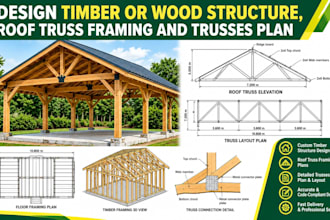 design timber or wood structure, roof truss framing and trusses plan