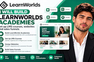build learnworlds academies, set up lms courses, websites and sales funnels