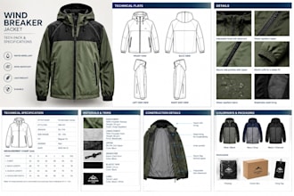 create a windbreaker jacket tech pack with cad flats for production