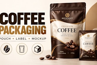 design coffee bag packaging, coffee pouch, sachet label design, and 3d mockup