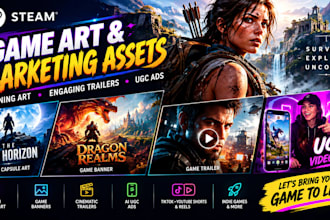design steam capsule, video games, steam  game art, banner, viral ugc video ads