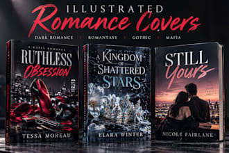 do illustrated romance, dark romance, romantasy, gothic and mafia cover for KDP