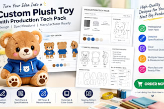 design a plush toy with a production tech pack and specifications