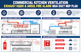 commercial kitchen ventilation exhaust hood, ansul fire alarm mua duct mep plan