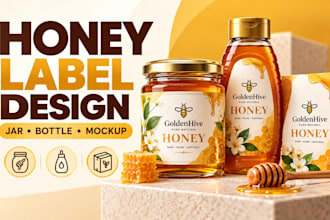 design custom honey jar label and bottle label with food packaging and 3d mockup