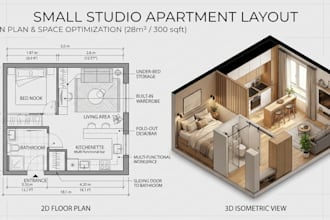 plan 2d 3d small studio apartment layout, open plan layout, space optimization