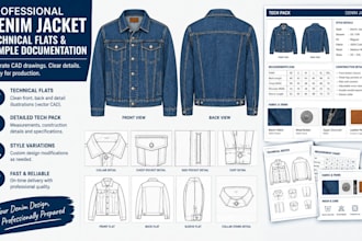 create a denim jacket tech pack with cad flats and factory specifications