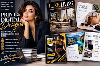 design product catalog, magazine layout, flyer redesign, newsletter, brochure