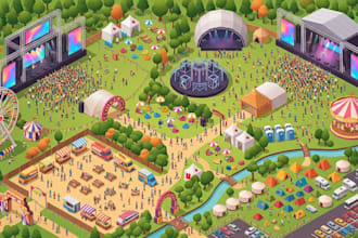 create isometric event map, vector 3d festival and venue map