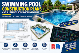 design swimming pool construction plans, cad blueprints and technical drawings