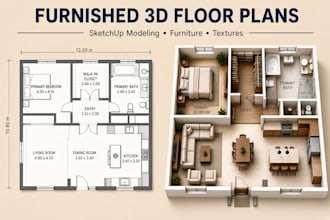 create a sketchup 3d floor plan with furniture and textures