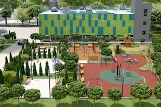 create a 3d outdoor park, kids playground, indoor playground, amusement park