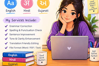 proofread and edit english, hindi, gujarati, and german text