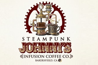 design steampunk infusion coffee shop logo for your company
