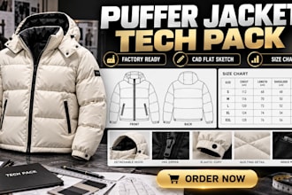design puffer bomber jacket tech pack with cad flat sketch and size chart