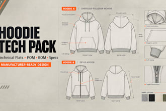 design hoodie tech pack, hoodie design tech pack and technical drawings
