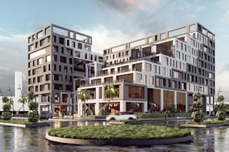 revise 3d mixed use commercial building, manicured plaza landscaping, corona cgi