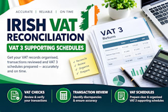 reconcile irish vat, prepare vat 3 schedules and review transactions